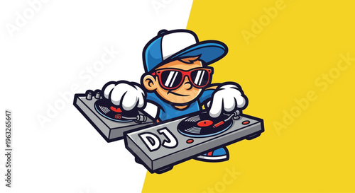 Cartoon character DJ mixing music tracks.
