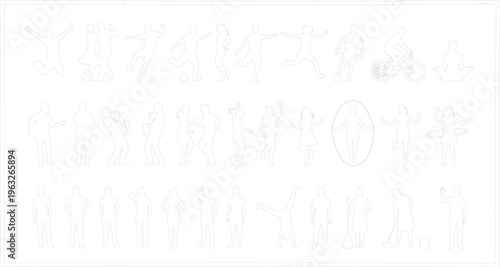 Collection of diverse black vector silhouette people engaging in daily life activities sports dancing playing music and standing isolated on white background for design