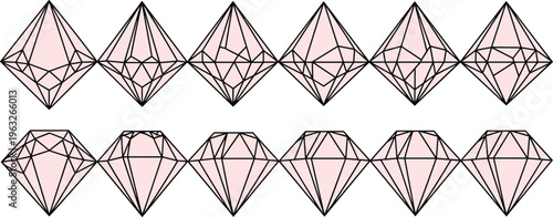 Pink geometric gemstone shapes in two rows, faceted diamond outlines with symmetry and variation, abstract crystal design illustration for decorative concepts