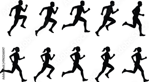 Collection of ten black vector silhouette running male and female jogger action sequence animation phases isolated on white background for sports graphic design