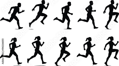 Collection of ten black vector silhouette running male and female sprint animation phases with blue selection paths isolated on white background for design editing