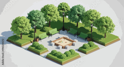 Isometric Green Park with Sandbox, Benches, Trees, and Bushes Vector