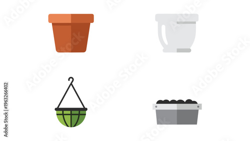 Four types of garden planters and hanging basket for outdoor gardening use.
