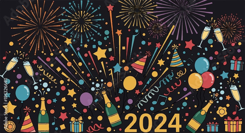 Vibrant new year's eve 2024 celebration background with fireworks party poppers and confetti on black