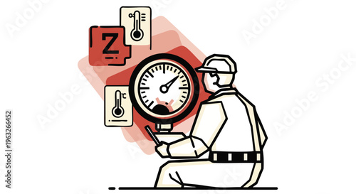 Industrial Worker Monitoring Pressure Gauge and Temperature. Technician Control Panel. Safety Check.