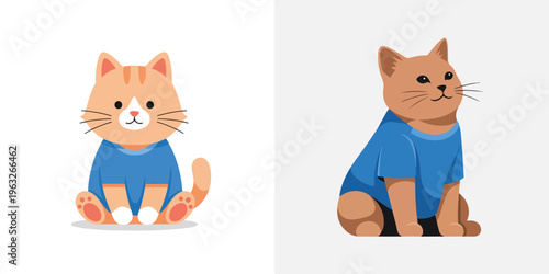 Adorable cartoon cats in matching blue shirts, sitting peacefully, illustrating cute feline characters and charming pet companions with a minimalist flat design