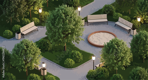 Modern City Park with Benches, Trees, and Sandpit at Dusk