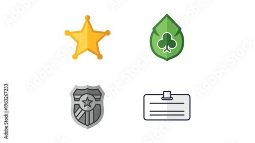 Icons representing law enforcement, security, and official certification badges