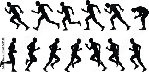 Silhouettes of runner in motion sequence showing dynamic stages of running stride, athletic biomechanics, sport activity, fitness training, motion study illustration