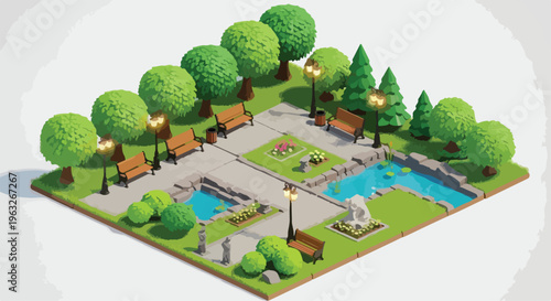 Isometric Green City Park Vector Illustration with Benches and Ponds