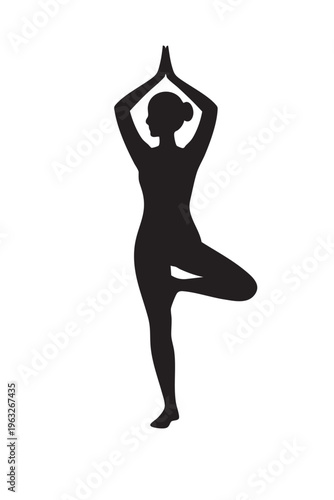 Woman performing yoga tree pose silhouette vector for wellness and flexibility.