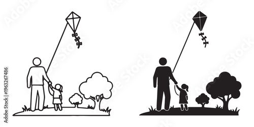 Black and white illustration of a man and a little girl flying a kite outdoors