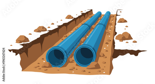 Two large blue pipes are laid side-by-side in an open trench of brown, rocky soil.