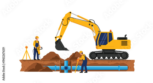 Construction workers and an excavator are installing blue pipes in an open trench filled with brown soil and rocks.