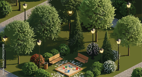 Isometric Park Landscape with Trees, Benches, and Sandbox Vector