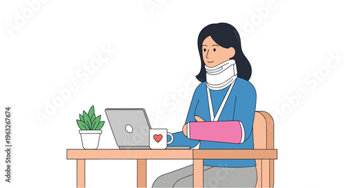 A woman with a neck brace and a pink arm cast works on a laptop at a wooden desk with a plant and a mug.