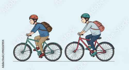 Two cyclists riding bicycles side by side with backpacks on a plain background