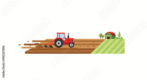 A red tractor plows brown soil in a field, with a green barn and trees on a hill in the background.