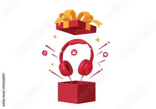 Red Headphones Gift Box. Music Present. Surprise Gift.