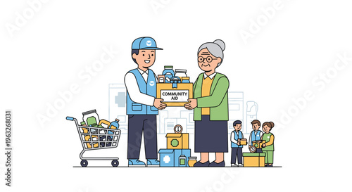 A male volunteer hands a COMMUNITY AID box to an elderly woman with other volunteers nearby.