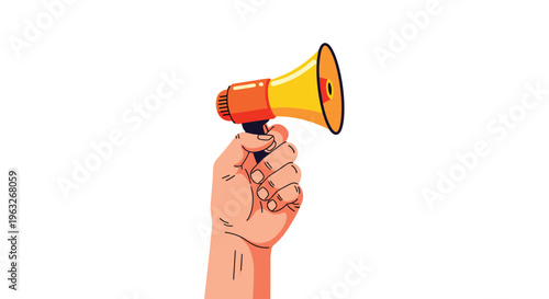 Hand holding a vibrant yellow and orange megaphone for announcements.