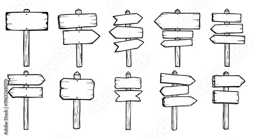 Blank Wooden Signs Set. Hand Drawn Road Pointers. Rustic Wood Planks. Sketch Style Illustration.