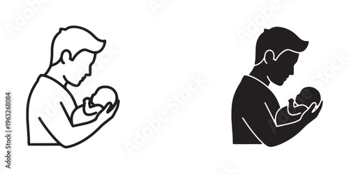 Vector illustration of a man holding a baby in black and white