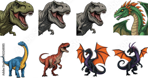 Dinosaur and Dragon Character Illustration Set with Colorful T-Rex, Brachiosaurus, and Mythical Dragon Designs for Kids and Fantasy Art