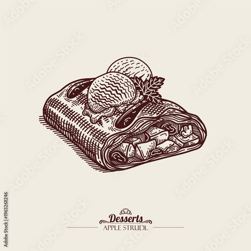 Apple Strudel with Walnuts and Raisins. Traditional Austrian Dessert. Apfelstrudel. Dessert with Puff Pastry and Ice Cream Balls. Line art Illustration, Sketch Style.