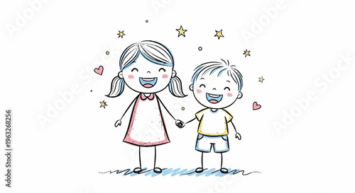 Smiling children holding hands with hearts and stars joyful friendship concept