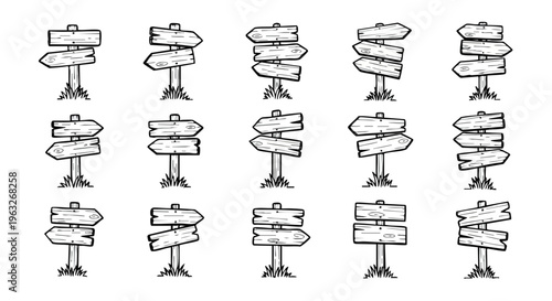 Hand-drawn wooden signposts collection. Doodle direction signs. Sketch line art vector set.