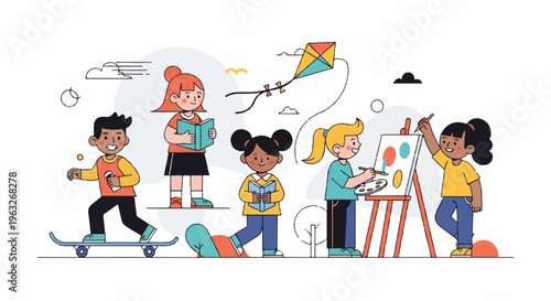 Diverse children engaging in creative outdoor activities painting and flying kite