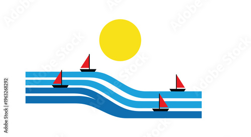 Sailboats on Wavy Blue Water with Bright Yellow Sun.