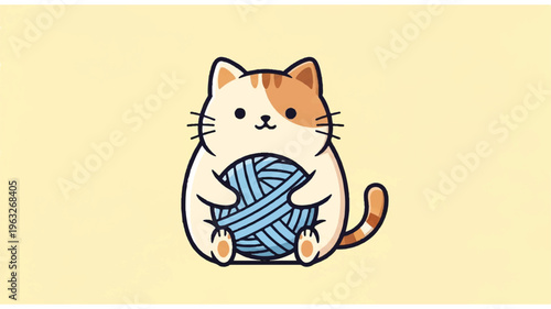 Cartoon Cat Holding Blue Yarn Ball.