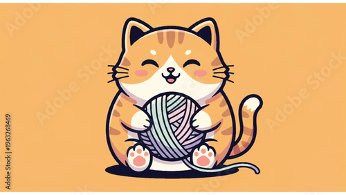 Cartoon Cat Holding Ball of Yarn.