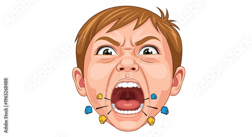 A cartoon boy's head with an angry expression and open mouth has geometric shapes attached to his cheeks.