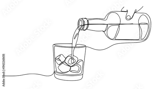 Continuous line whiskey pouring into glass with ice vector illustration minimal one line bar design concept