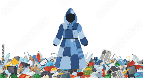A hooded, long-sleeved dress made from blue denim patches stands amidst a sprawling pile of mixed garbage and plastic waste.