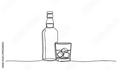 Continuous one line drawing whiskey bottle and glass with ice vector minimal outline illustration for bar and branding