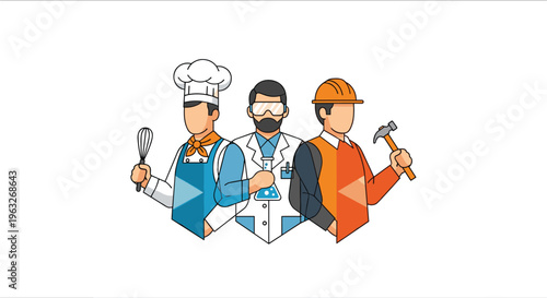 Diverse Professional Group Featuring Chef Scientist and Construction Worker.