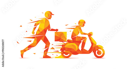 Dynamic illustration of fast delivery service with a running courier and a scooter rider.