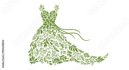 A long, flowing gown is intricately composed of numerous dark green leaves and branches on a pure white background.