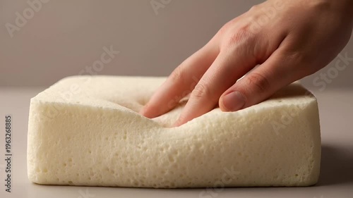 Hand Testing Memory Foam Block for Comfort and Support.