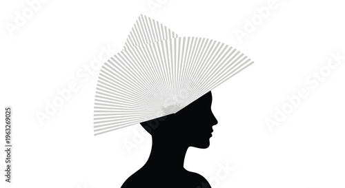 A black silhouette of a woman's head in profile wears a large, striped white fan-like hat against a white background.