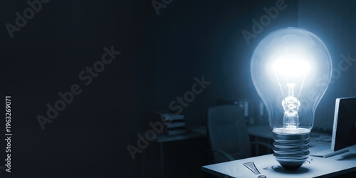 Bright Idea Concept with Light Bulb Illuminating a Dark Office Environment