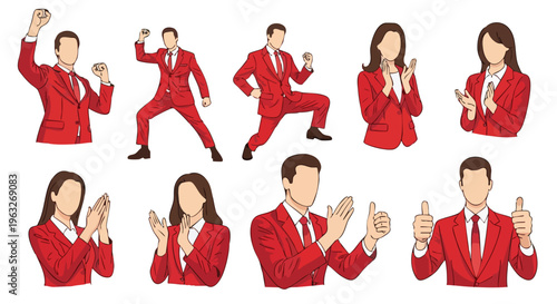 Business People Illustrations. Men and Women in Red Suits. Dynamic Poses and Gestures. Success and Celebration Concepts.
