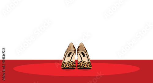 A pair of leopard print high heels with pointed toes stands centered on a red oval spotlight against a white background.