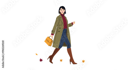 A fashionable woman with short dark hair in a green trench coat, maroon turtleneck, and blue jeans walks right with a yellow handbag among autumn leaves.