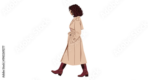 A woman with curly brown hair in a belted beige trench coat and dark red boots walks confidently in profile.