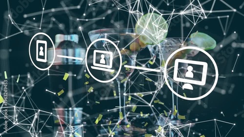 Animation of network of digital icons and golden confetti against ice falling into cocktail glasses
